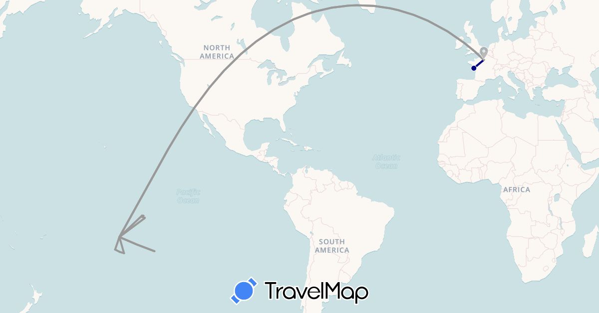 TravelMap itinerary: driving, plane in France, French Polynesia, United States (Europe, North America, Oceania)